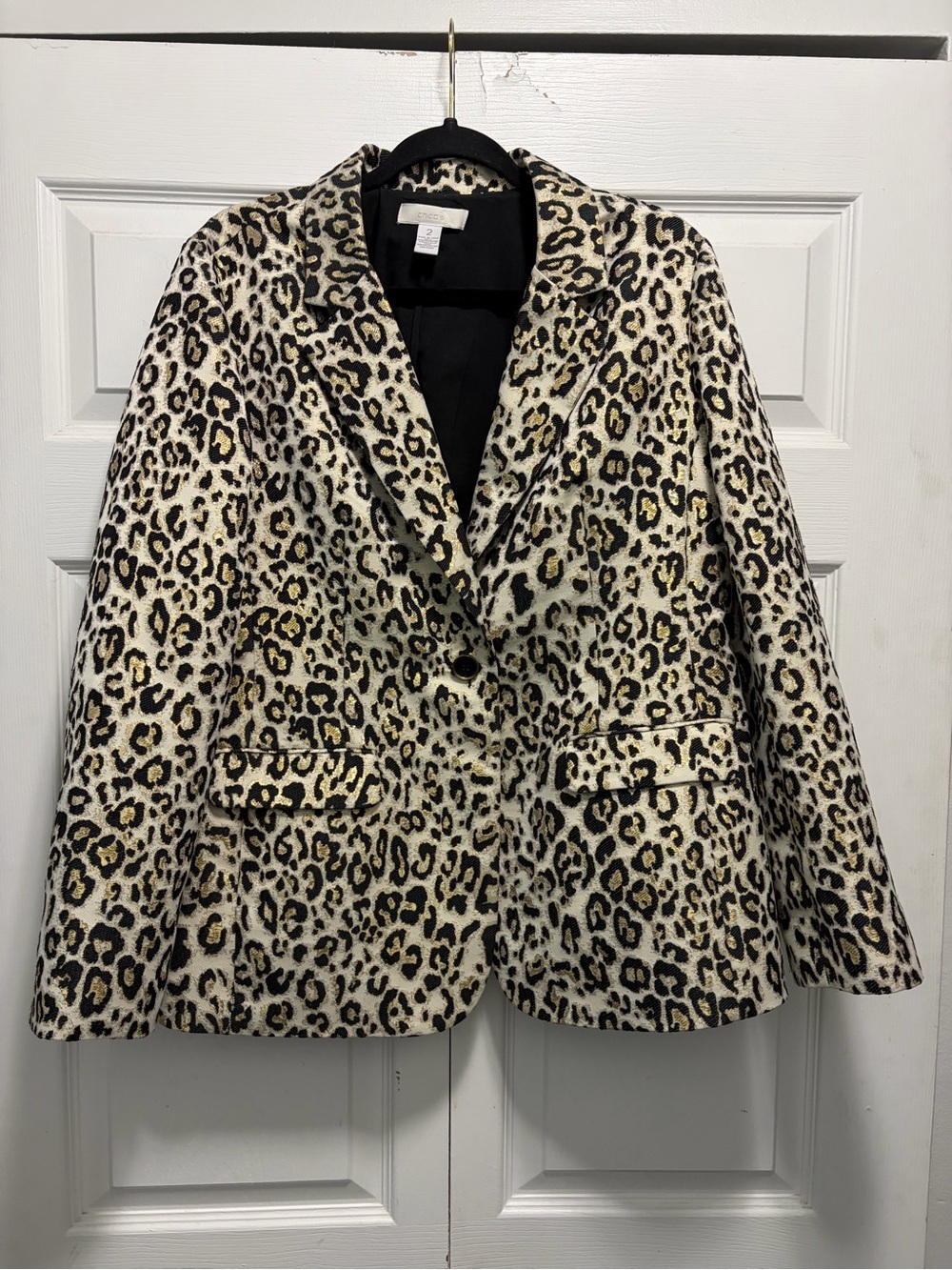 Chico's Leopard Print Blazer Jacket Cream Black Gold Metallic 2 Large